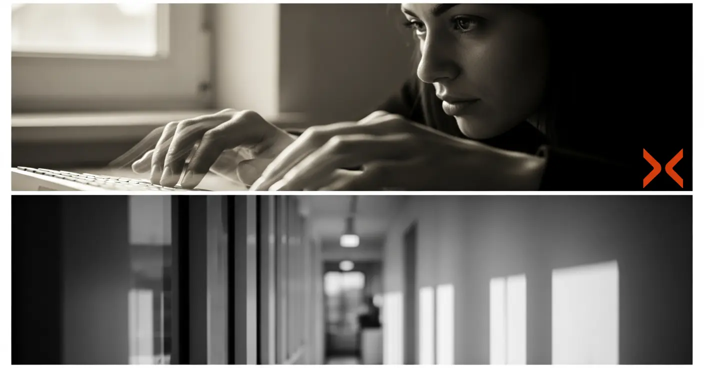 Woman typing on laptop branded with ExpandTalk icon